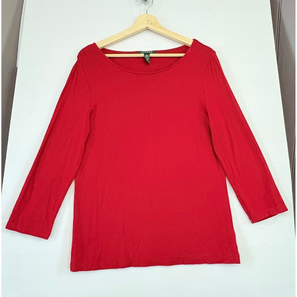 Lauren Ralph Lauren Red‎ Boat Neck Long Sleeve Top Viscose Stretch Large